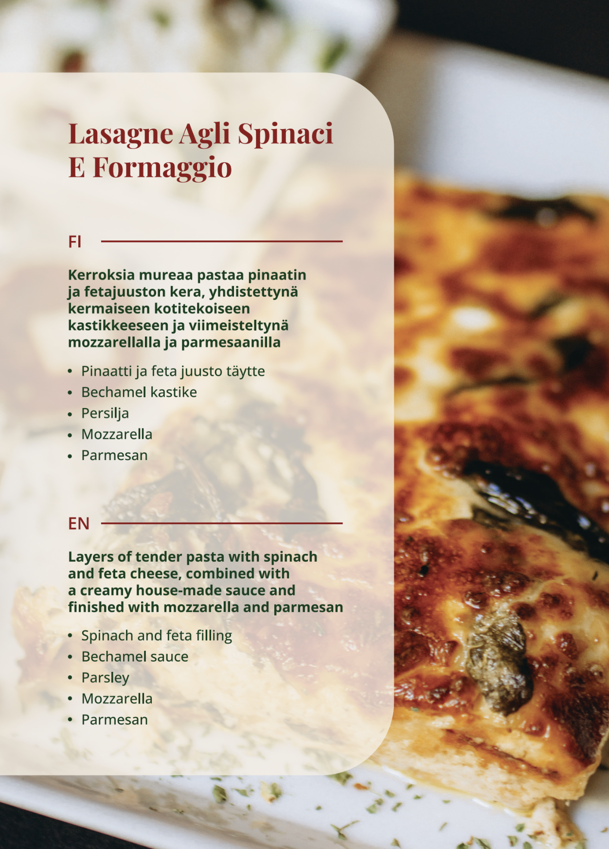 Lasagna agli spinaci e formaggio – baked spinach and cheese lasagna at La Lasagna Helsinki