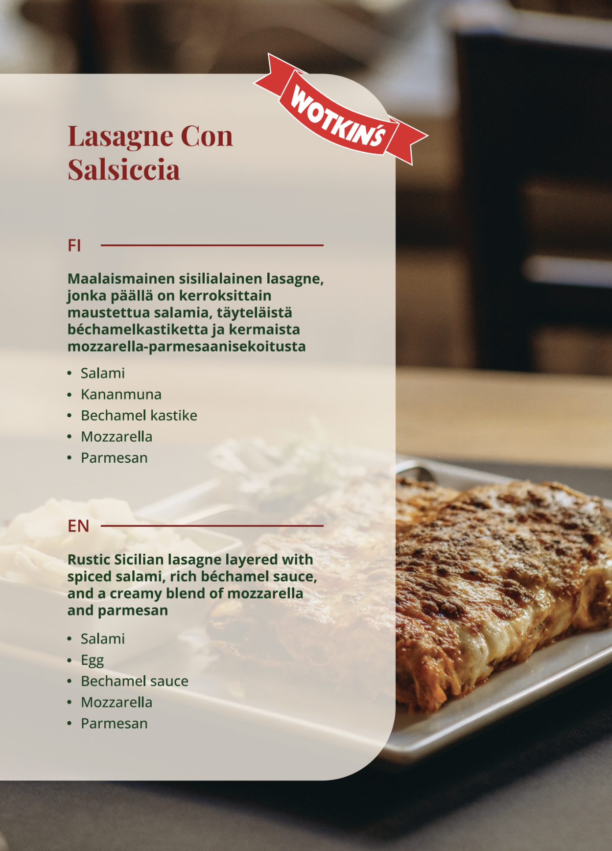 Lasagna con salsiccia – baked Italian sausage lasagna at La Lasagna Helsinki