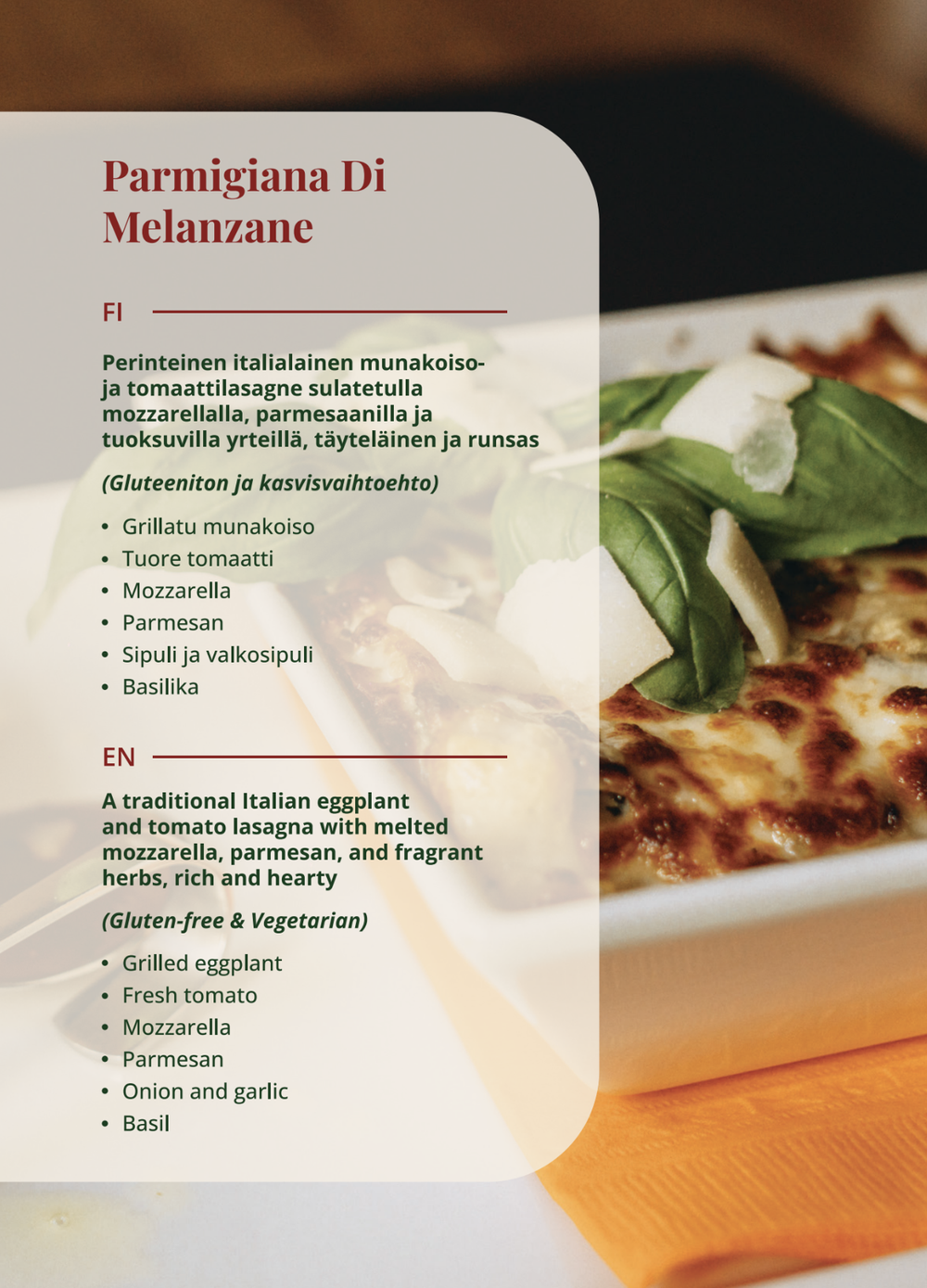 Parmigiana di melanzane – baked eggplant and tomato lasagna (gluten-free, vegetarian) at La Lasagna Helsinki