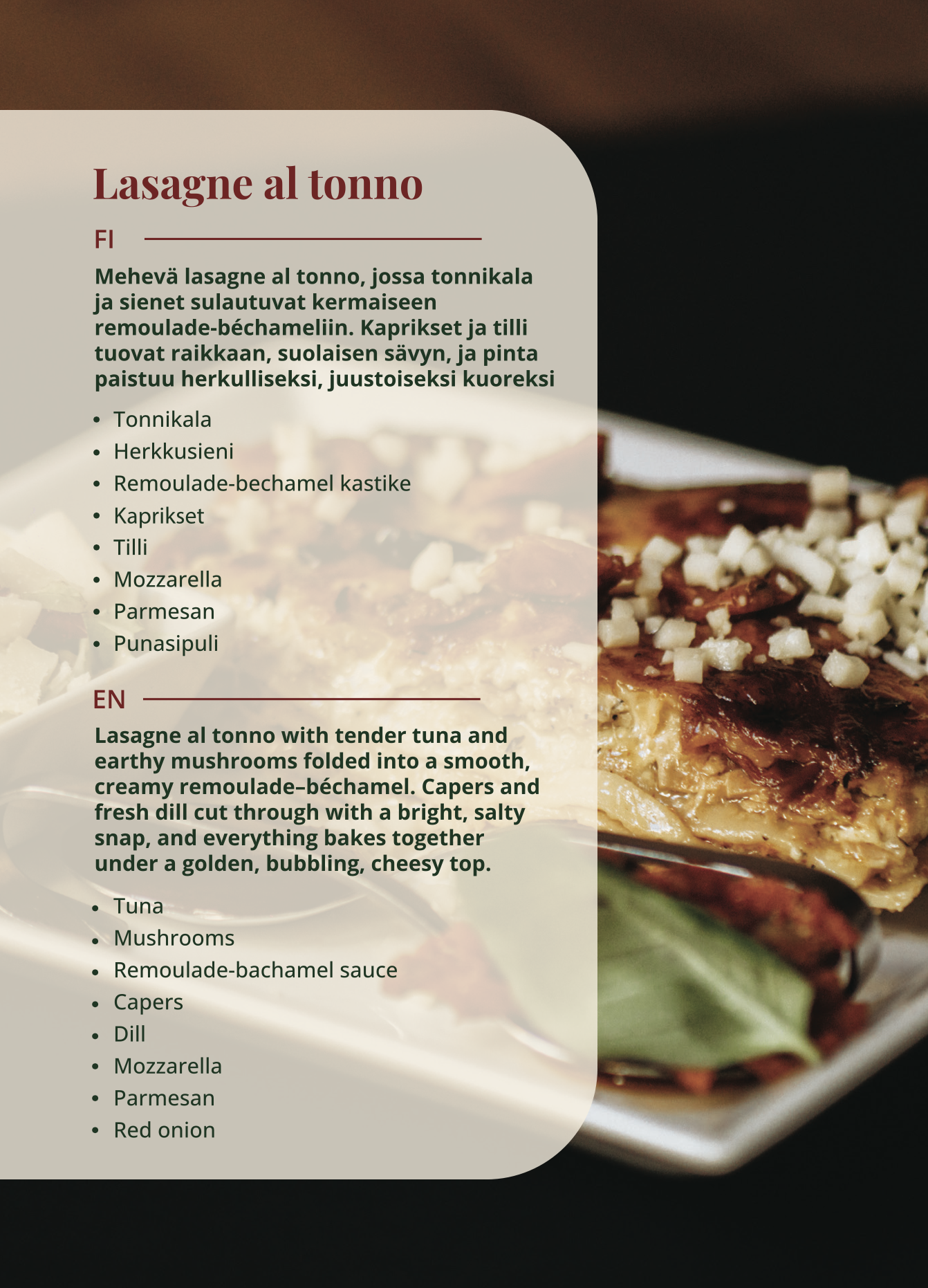 Lasagne al tonno – baked tuna and mushroom lasagna at La Lasagna Helsinki