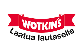 Wotkins logo with red banner and white text, and a Finnish phrase 'Laatua lautaselle' underneath.